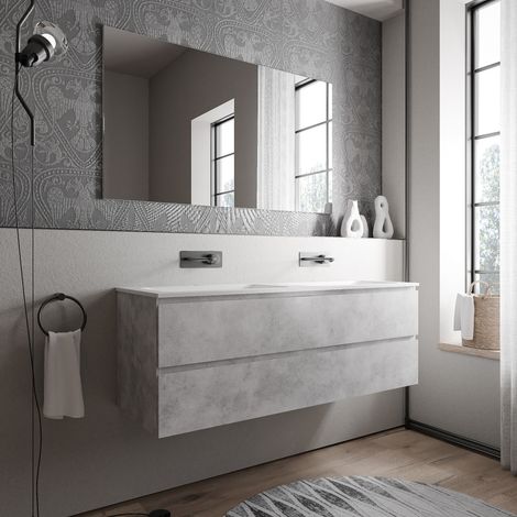 Unterschrank Bernstein AVA 140 cm mit Mineralguss Waschbecken BRUXELLES - Badmöbelfarbe Beton, Waschbecken Weiß matt ohne Hahnloch