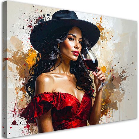 Image sur Toile, Femme au chapeau avec du vin glamour,60x40 (1/4)