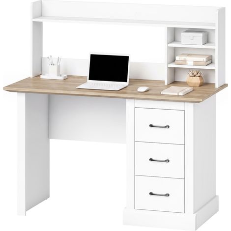 Bureau informatique - HOMCOM - 3 tiroirs - étagères ouvertes - bois - 120 x 55 x 120,5 cm - chêne et blanc (1/5)