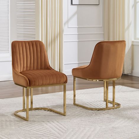 Wahson Lot de 2 chaises en velours marron – Coussin épais 12cm – Base métallique dorée – Dossier matelassé pour soutien lombaire, Marron