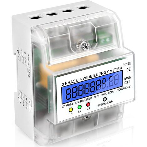 Compteur Electrique Triphasé Numérique Compteur D'Energie Electrique Courant Triphasé 4 Fils Compteurs à Rail Din Compteur Électrique Calibré Affichage LCD 3X230/400V, 3X5(100) A, 400imp/Kwh (1/5)