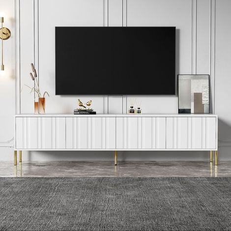 Meuble TV blanc 190x38x48 cm — 4 portes rainurées, 8 étagères, pieds dorés 15 cm, capacité 60 kg