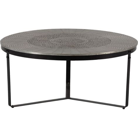 Table basse ronde Ø90cm en métal martelé et sculpté finition brossé pied laqué noir - SOHALIA