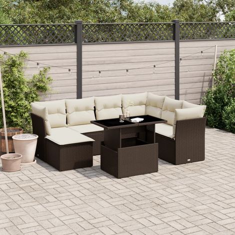 Canapé de Jardin 8 Places en Résine Tressée Marron avec Coussins Crème - Ensemble Salon Extérieur avec Table Réglable et Pouf (1/4)