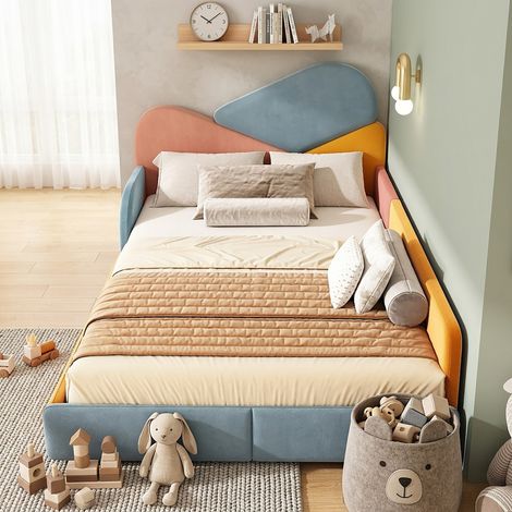 Lit enfant rembourré 140x200 cm velours, Multicolore avec Barrière de Sécurité Tête de Lit Douce, Design Moderne, Bleu (1/5)