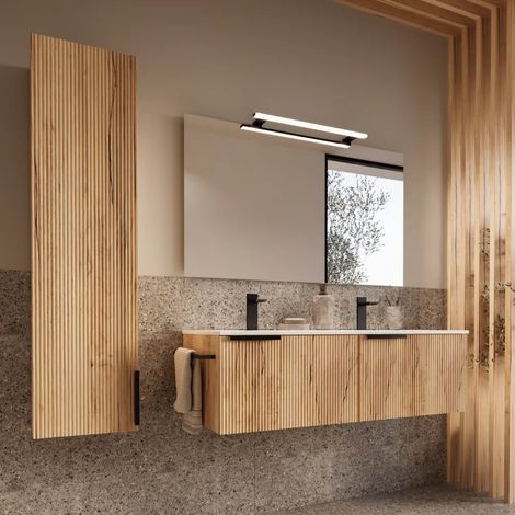 Meuble de salle de bain suspendu cannelé 120 cm en chêne clair avec lavabo double vasque en céramique et colonne Fuji (1/3)