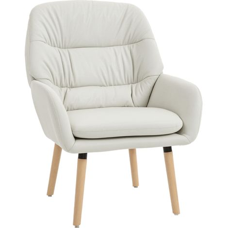 HOMCOM sillón de salón moderno, butaca de salón, acolchado de doble capa, tapizado en cuero sintético, patas de madera, 68x74x89 cm, crema