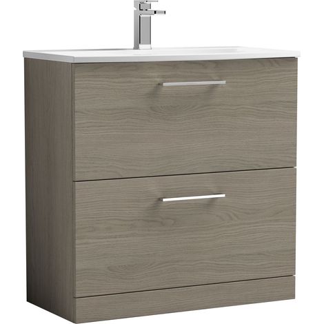 Balterley  Modern Bathroom Floor Standing 2-Drawer Vanity & Curved Basin, Solace Oak, 800mm