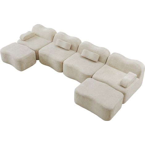 Modulares U-Sofa mit 4 Plätzen und 2 Ottomanen, beiger Samt, 32D-Schaum (1/5)