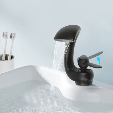 Wasserfall Wasserhahn Bad, Wasserfall Wasserhahn, Wasserfall Badezimmerarmatur, Moderner Waschtischarmatur, Messingbecken, Badezimmerarmatur, Einhebelmischarmatur, Kalt/Heiß für Badezimmer (Schwarz)