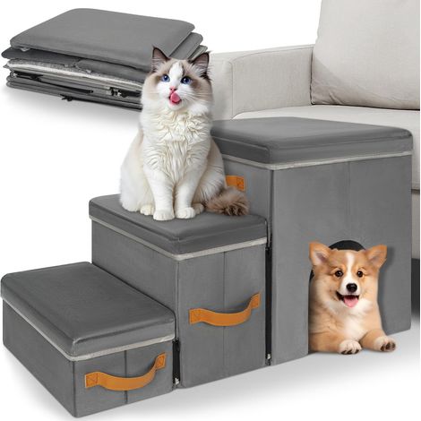 Escalier pour Chien et Chat Modulaire 3 Marches avec Niche Intégrée et Rangement Pliable Marches d'Appui pour Animaux Âgés ou Blessés Gris (1/5)