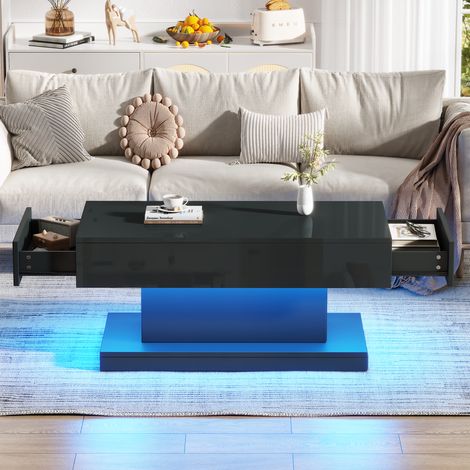 Table de salon LED lumineuse noire design sobre, 100x50x45 cm, avec 2 tiroirs, table basse brillante d'appoint (1/4)