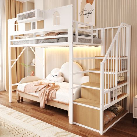 Lit mezzanine Blanc 90x200 cm avec escalier de rangement et LED - lit superposé avec escalier avec meuble de rangement - gain de place pour ado et adulte (1/5)