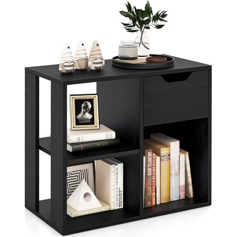 COSTWAY Libreria Scaffale, Libreria Bianco in Legno con Cassetto e 3 Cubi, 60 x 30 x 53 cm, Scaffale Multiuso per Soggiorno, Ingresso, Ufficio e Cameretta (Nero) (1/5)