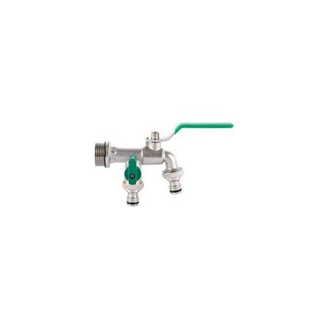 Robinet de jardin double sortie 1 pouce en laiton, adaptateur 3/4 pouce, robinet d'extérieur résistant au gel avec 2 raccords de tuyau, robinet double sortie universel pour citerne d'eau de jard (1/4)