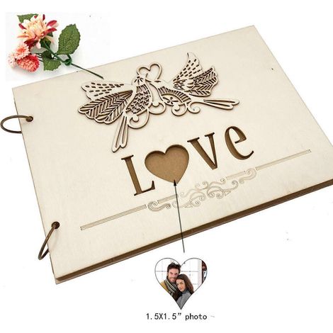 Livre d'or de mariage personnalisé en bois avec oiseaux amoureux - Livre d'or à faire soi-même avec photos et signatures - Album souvenir - Cadeau d'anniversaire - 40 pages (1/4)
