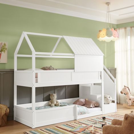 Litera infantil 80 x 200 cm con techo, barandillas de seguridad y escalera, blanco DESVIAE (1/5)