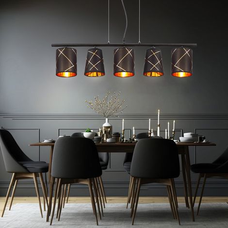 Hängelampe Pendelleuchte Esstisch schwarz gold 5 flammig Esszimmerlampe E14 Wohnzimmerlampe hängend modern, mit goldenen Dekorlinien, 5x E14, LxH 90x140 cm (1/5)