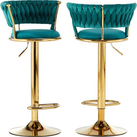 Set 2 Sgabelli Cucina Bar Schienale Intrecciato in Velluto Verde Struttura Oro (1/5)