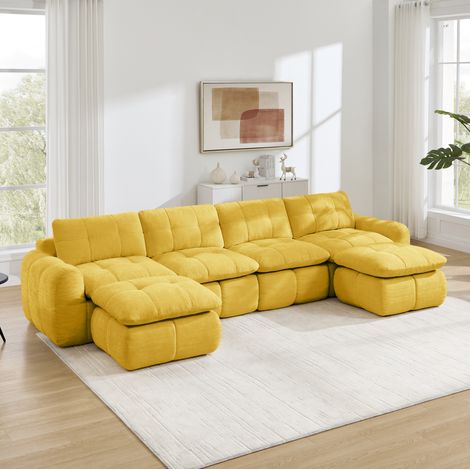Divano modulare a U 4 posti, 334 x 160 x 68 cm, ciniglia gialla, senza montaggio, 2 ottomani DESVIAE (1/5)