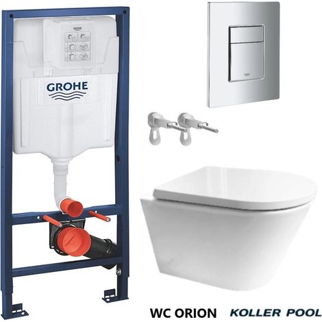 Pack réservoir intégré avec Bati-Support GROHE et plaque- chrome brillant avec WC à suspension Vortex ORION GLOSSY WHITE ENVELOPPANT ABATTANT (1/5)