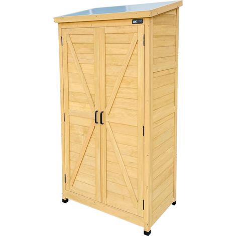 AXI – Armoire de jardin en bois brun 85 x 52 x 174 cm – 3 étagères fixes – Toit galvanisé résistant aux intempéries – Rangement outils jardin