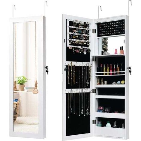 Rangement Bijoux et Gain de Place Armoire Murale et Porte Miroir 15 LED Verrouillable (1/5)
