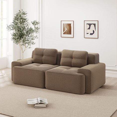 Canapé modulable sans ossature apparente, canapé moderne pour salon avec assise profonde, canapé nuage confortable en velours côtelé, canapé deux places, canapé-lit, marron