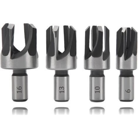 4 Pièces 6/10/13/16 mm Bois Plug Cutter Set, Tige Ronde Forets à Tenon en Acier au Carbone, Mèche à Bouchon Bois, Quatre Dents Fraises à Griffes Coniques, pour le Travail du Bois (1/5)