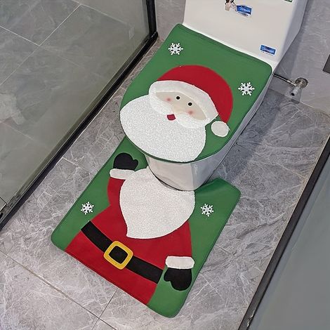 Ensemble de 2 pièces pour salle de bain de Noël : housse de siège de toilette, bonhomme de neige, Père Noël et nain, et tapis assorti (1/5)