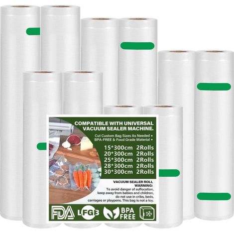 Lot de 10 Rouleaux de Sacs Sous Vide Alimentaire, 2 x (15/20/25/28/30) x 300 cm, Sans BPA et Indéchirable, Réutilisables, 190 µm d'Épaisseur, Sacs Sous Vide pour Micro-Ondes et Congélateur (1/5)