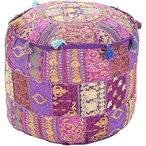 Housse pour pouf repose-pieds - Style ethnique indien - Brodée - En coton indien - Rond - Décoration artistique - 55,9 x 35,6 cm (1/5)