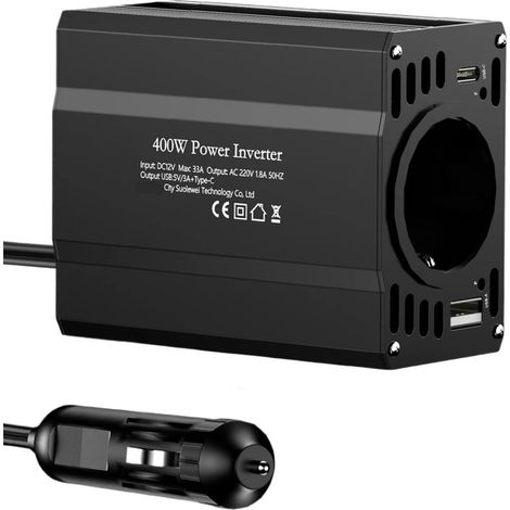 JSSEVN - Convertidor de corriente para coche, convertidor de energía solar portátil de 400 W, DC12V a AC220V 50HZ, enchufes USB tipo C (UE). (1/5)