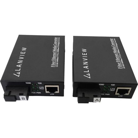 Lanview Coppia di convertitori di media non gestiti RJ45 a SC 10/100/1000Base-T a 1000Base-X, 20 km, LVN-MED-SC-1000BASE-X-2