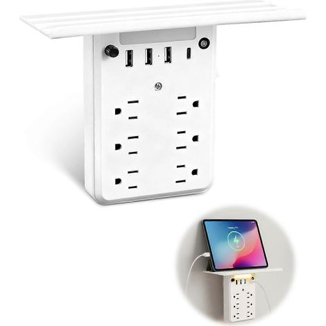 Multiprise murale/parasurtenseur domestique avec port USB-C, veilleuse, étagère et 6 grandes prises de courant alternatif. (1/5)