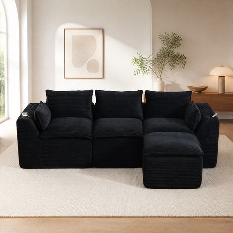 Sofá modular de 3 plazas con puff, pana negra y portavasos HAVRYA (1/5)