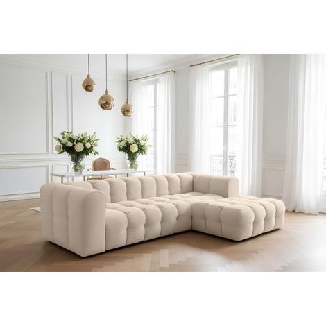 Ecksofa Designersofa SOLVIE in Stoff Tiffani Beige Ottomane Rechts