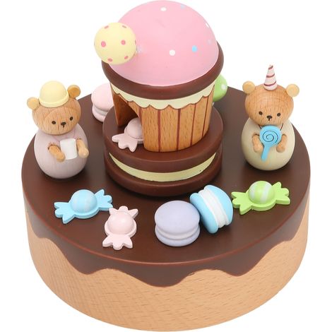 Spieluhr aus Holz in Form eines Bären und eines Desserthauses, handgefertigte Wohndekoration, Valentinstagsgeschenk, handgefertigte Holzfigur, romantisches Dekorationsobjekt für den Innenbereich. (1/5)