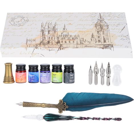 Calligraphy Pen Set Glass Ink Feather Fountain Pen with Replaceable Nib Writing Gift Box KitSP118033 Navy (1/5)