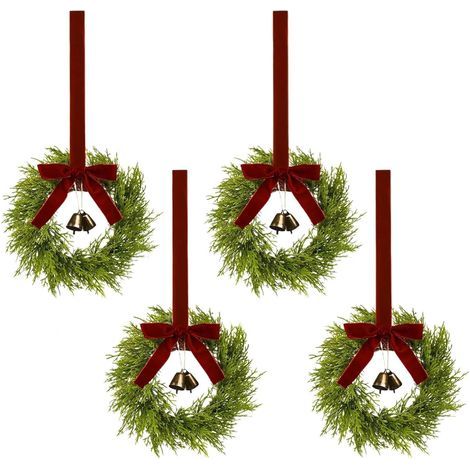 Corona de Navidad, juego de 4 decoraciones festivas para el hogar – Pequeñas coronas navideñas con cinta roja para la cocina, el armario, la puerta de entrada, la ventana, la chimenea y la oficina (1/5)