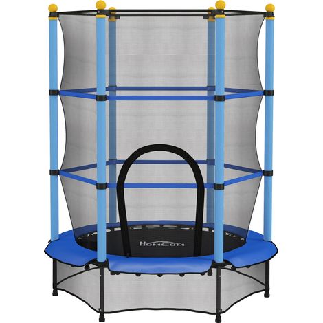 Trampoline pour enfant Ø 140 cm × H 1,90 m avec filet protecteur, fermeture à zip, protection des ressorts, 6 poteaux matelassés inclus, couleur bleue (1/5)