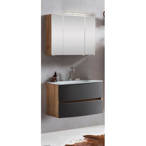 Waschplatz Set 2-tlg. 80 cm in Wotaneiche Nachbildung mit matt grau LAURIA-03 inkl. LED Beleuchtung, BxHxT: ca. 80x200x49 cm (1/5)