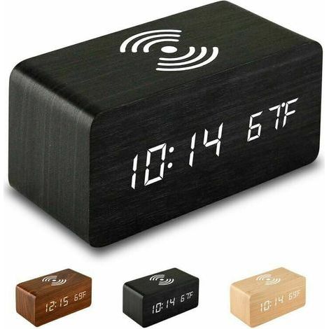 Reloj despertador digital con cargador inalámbrico, reloj despertador de escritorio LED con pantalla de temperatura, negro. (1/5)