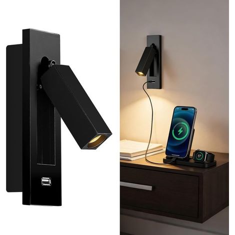 Lámpara de lectura de pared con interruptor, puerto USB, ajustable, foco empotrable, para dormitorio, color negro (1/5)