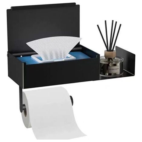 Wall-Mounted Toilet Paper Holder Adhesive Toilet Paper Holder, Wall-Mounted Toilet Paper Holder without Drilling with Steel Storage, Stainless Anti-Fingerprint Spacious Door Black (1/5)