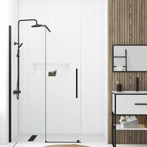porte de douche coulissante 120x195cm verre trempé transparent 6mm - finition noire mate - slide-in (1/5)