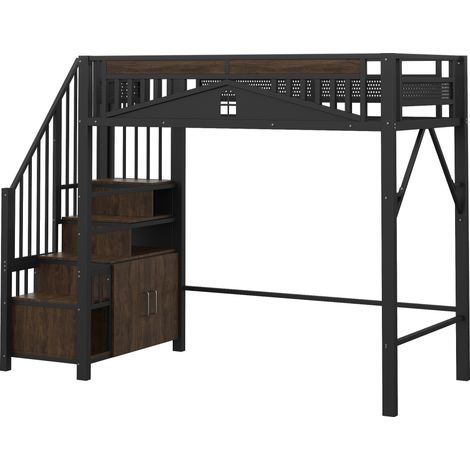 Metall-Hochbett 90 x 200 cm schwarz mit Stauraumtreppe und Sicherheitsfenster MODENUIT (1/5)