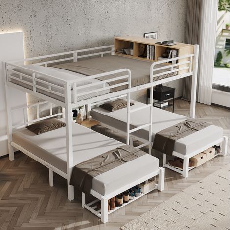 Letto a castello 239x208x161 cm in metallo bianco, 3 posti letto - MEUBLIV (1/5)