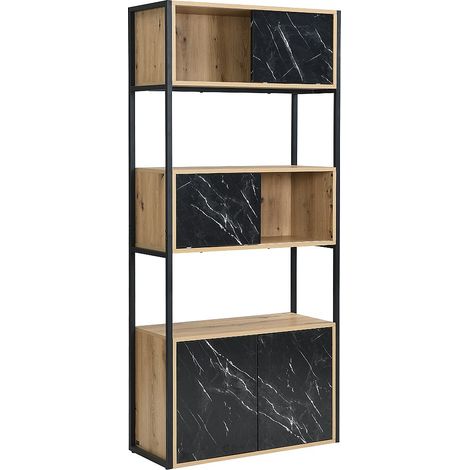 Libreria con 4 ante e 2 nicchie in MDF e Acciaio Effetto marmo Nero e naturale - YELANIA