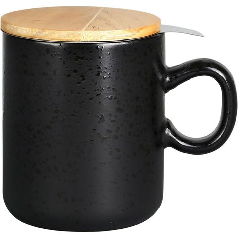 Tisanière 45 cl en Grès avec infuseur - Tasse à thé, tisane avec couvercle en Pin et passoire inox - Noir Mat collection Minuit (1/2)